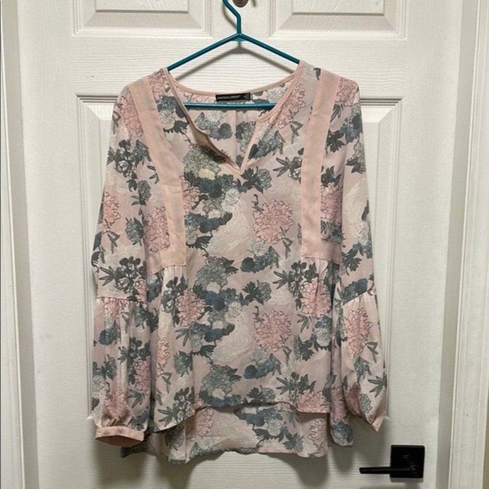 Amanda Green Pink Gray Floral Long Sleeve Flowy Romantic Blouse Size L